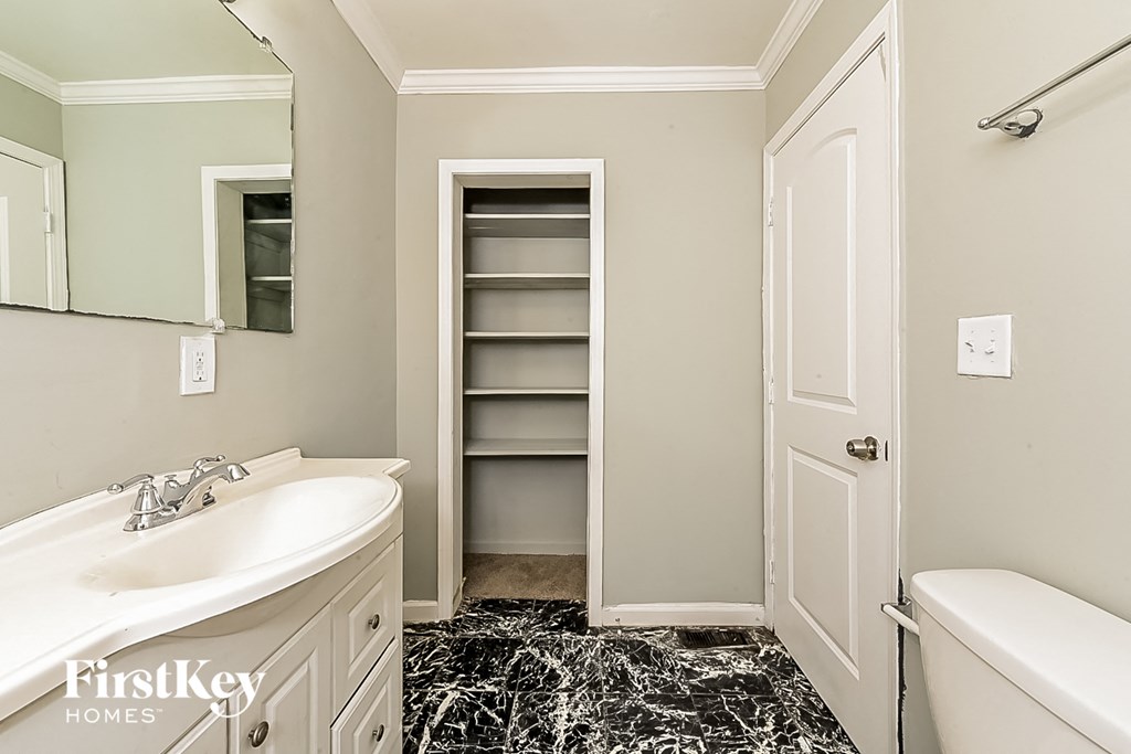 a bathroom with a sink and a toilet and a closet