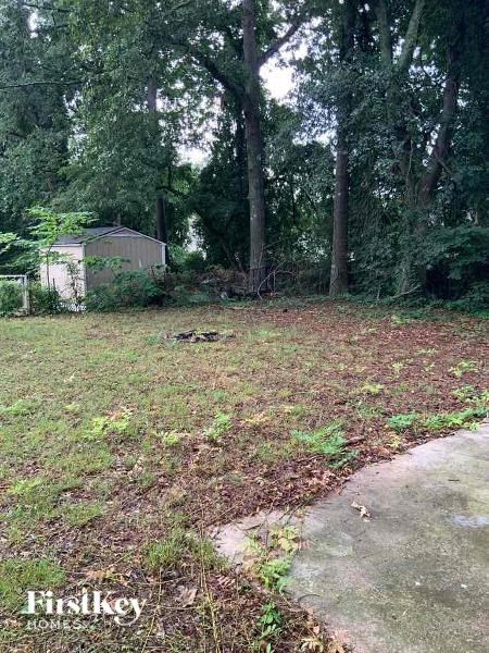 a yard with a shed and some trees