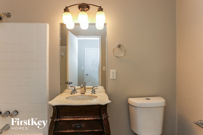 a bathroom with a sink and a mirror and a toilet