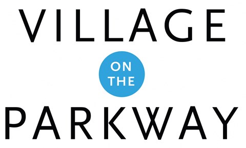 A logo with the words "Village on the Parkway" in black with a blue circle with the letter "o" in the middle.