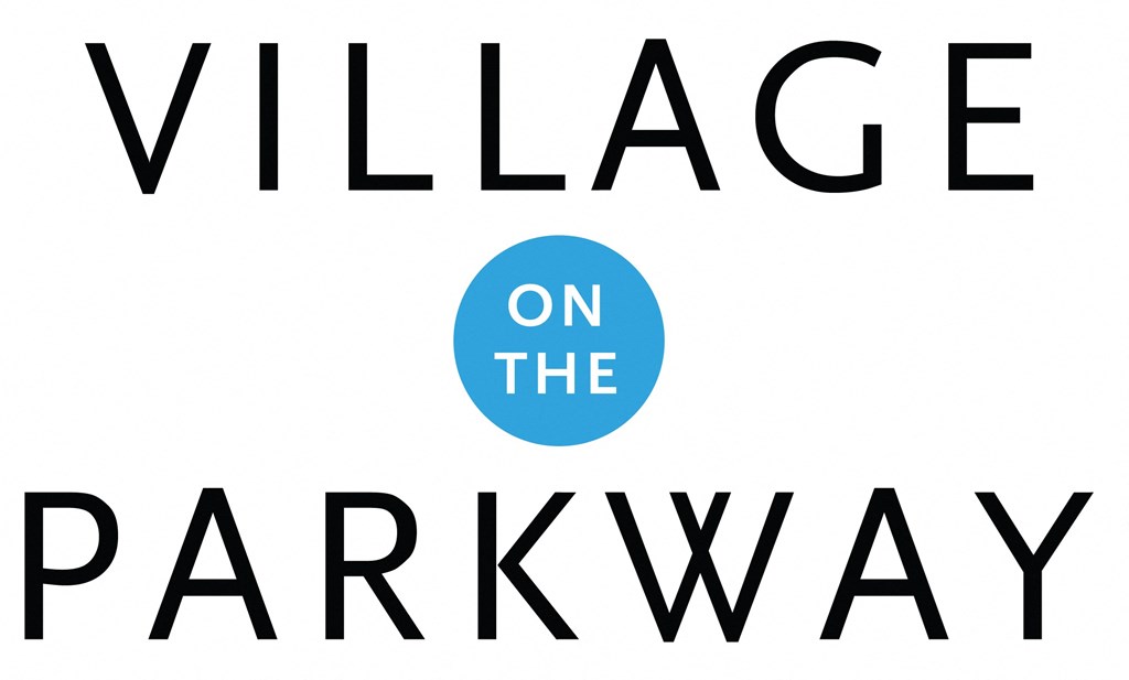 A logo with the words "Village on the Parkway" in black with a blue circle with the letter "o" in the middle.