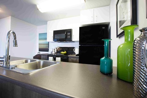 a kitchen with a sink and vases on the counter