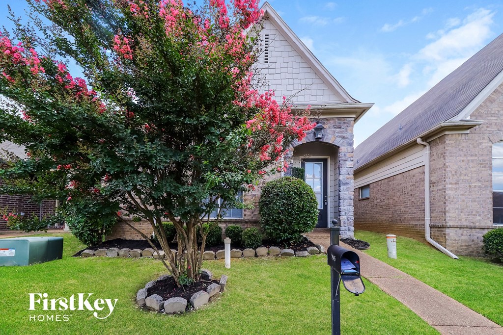 the front yard of a house with a tree and a mailbox
