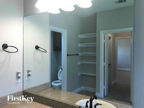 a bathroom with a sink and a mirror and a closet