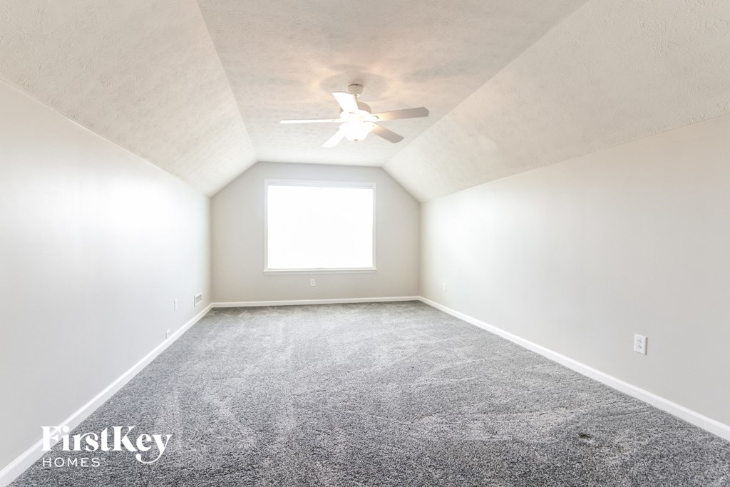 a carpeted room with a ceiling fan and a window