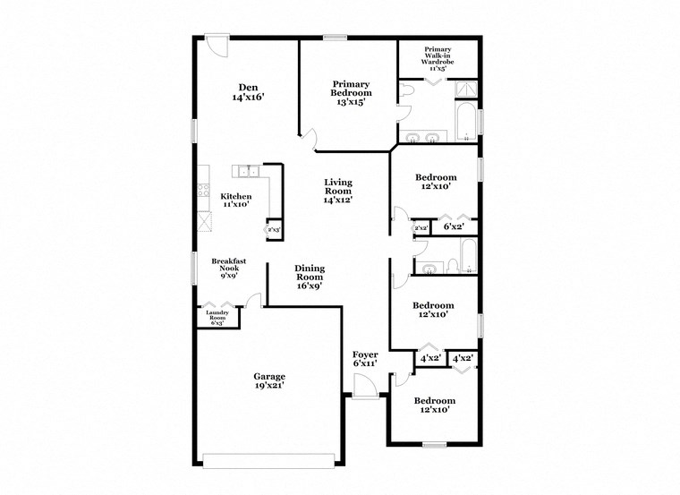 a floor plan of a home with a mix of bedrooms and baths and a staircase