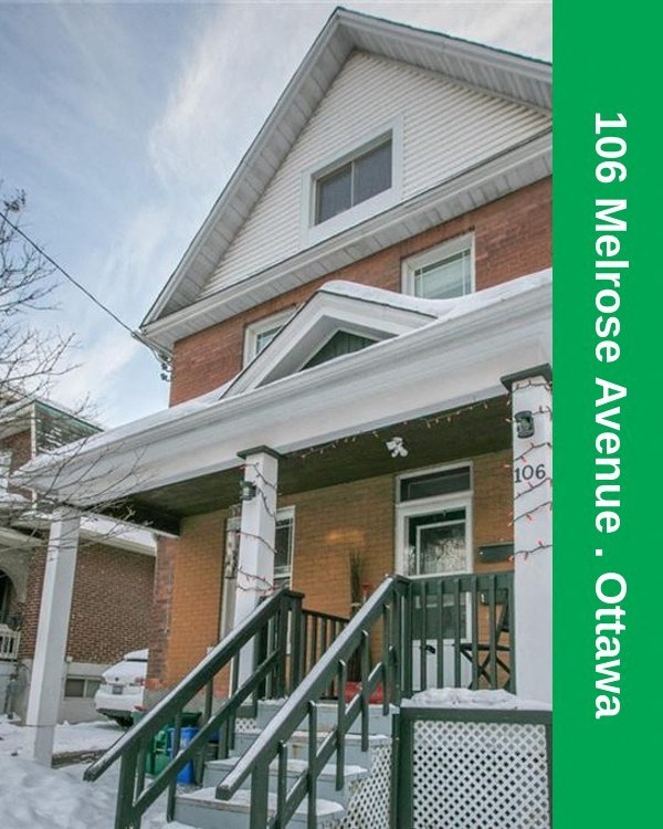 A house with a green staircase and a sign that says 106 Melrose Avenue, Ottawa.