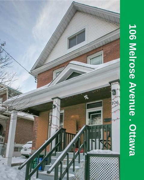 A house with a green staircase and a sign that says 106 Melrose Avenue, Ottawa.