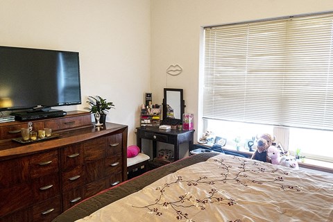 a bedroom with a bed and a tv in it