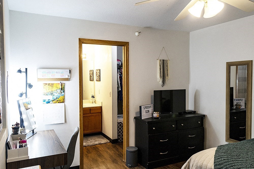 a small bedroom with a tv and a dresser