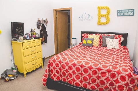 a bedroom with a red bed and a yellow dresser