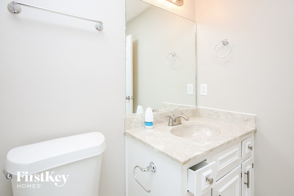 a bathroom with a sink and a mirror and a toilet