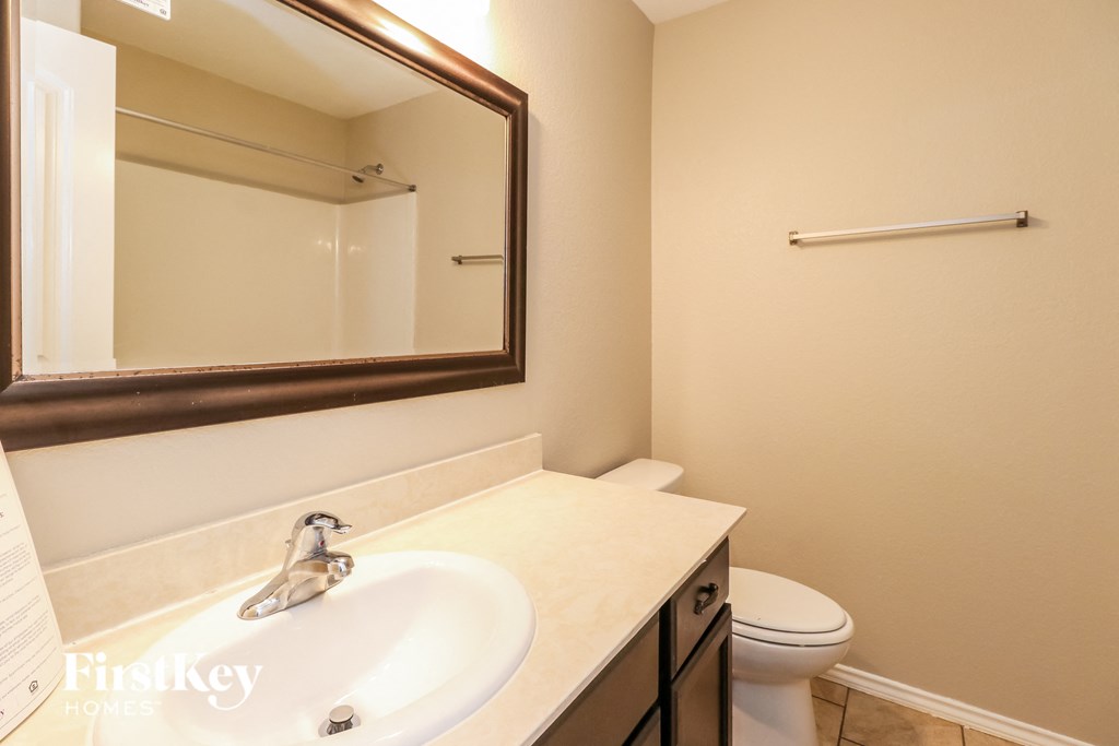 a bathroom with a sink and a mirror and a toilet
