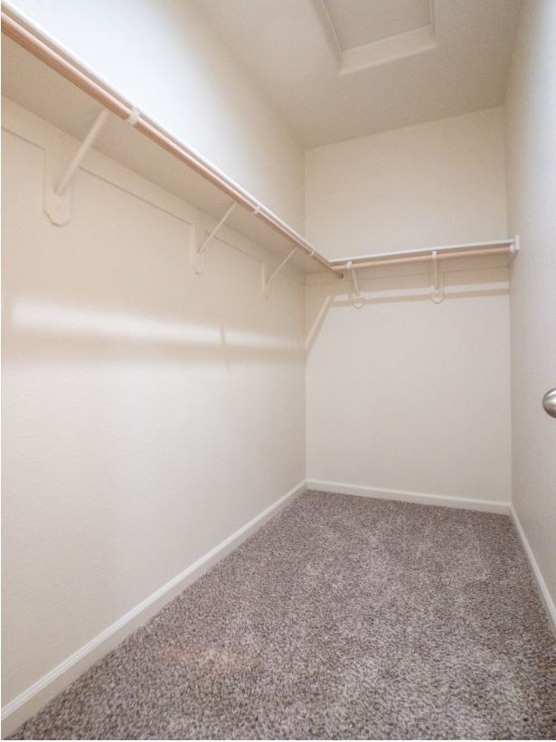 an empty closet with white walls and a carpeted floor