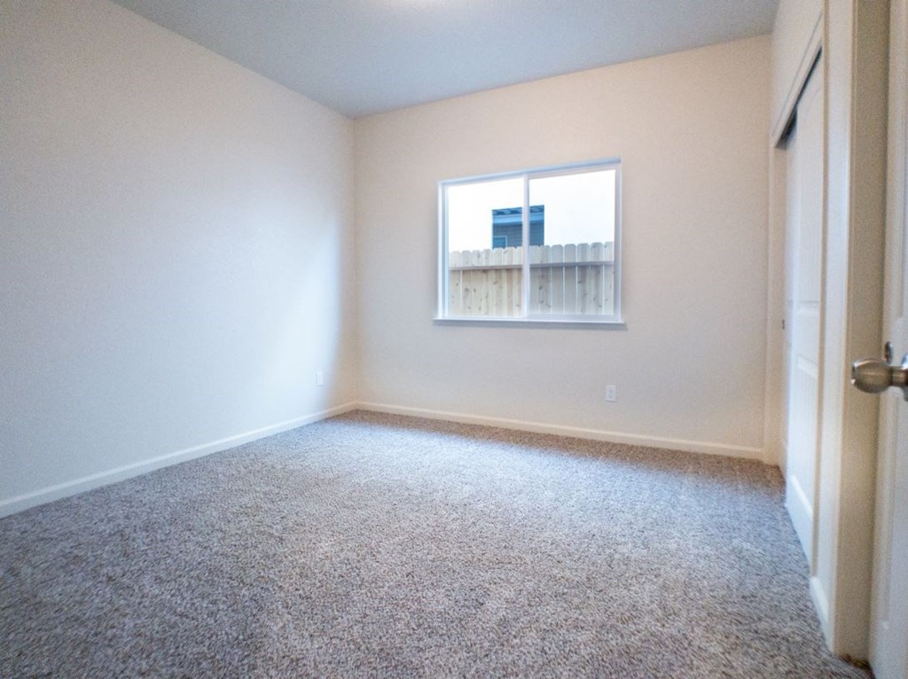 an empty room with a window and carpet