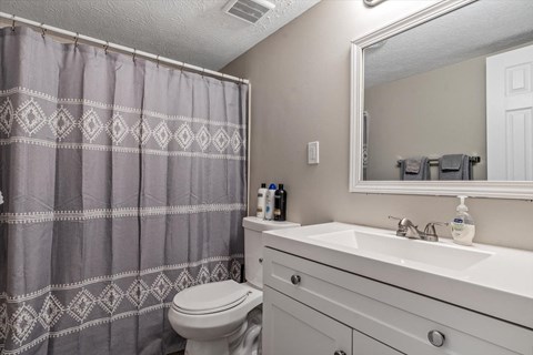 a bathroom with a shower and a sink and a toilet