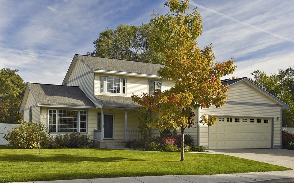 a house with a lawn and a tree in front of it