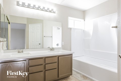 a bathroom with a sink and a tub and a mirror