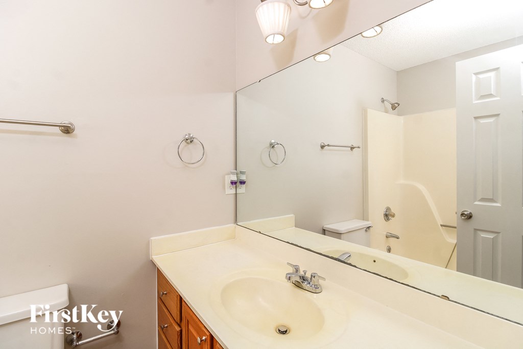 a bathroom with a sink and a mirror and a shower
