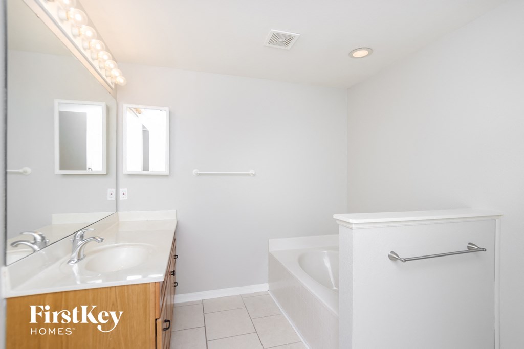 a bathroom with a tub and a sink and a mirror