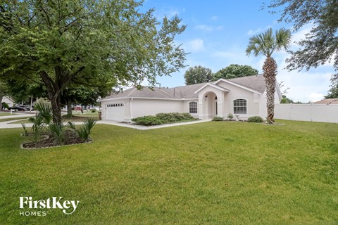 a white house with a lawn and palm tree