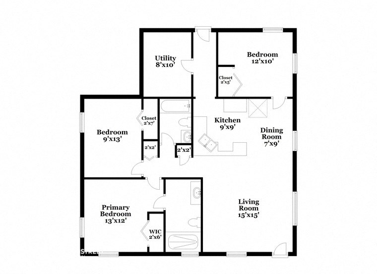 a floor plan of a house with an open floor plan with bedrooms and a kitchen