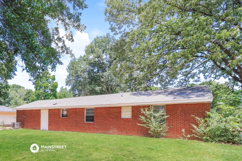 a red brick house on a green lawn with trees