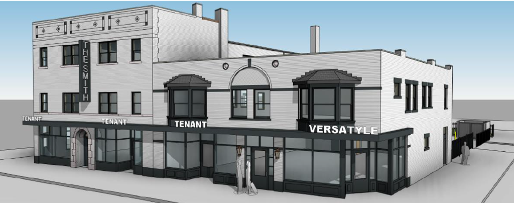 A building with the words "TENANT" and "VERSATYLE" on the front.