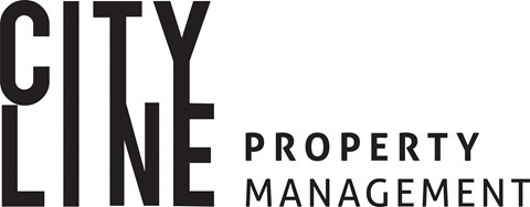 the logo for city property management is shown in black and white
