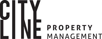 the logo for city property management is shown in black and white