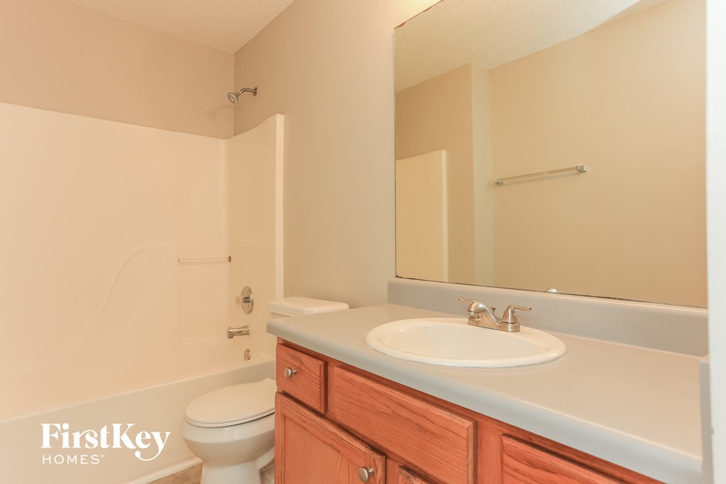 a bathroom with a sink and toilet and a mirror