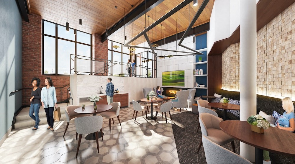 a rendering of a lobby with people walking around and tables and chairs