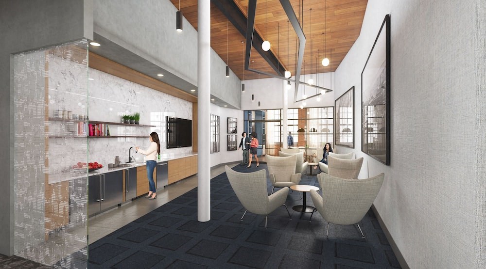 a rendering of a lobby with tables and chairs and a kitchen