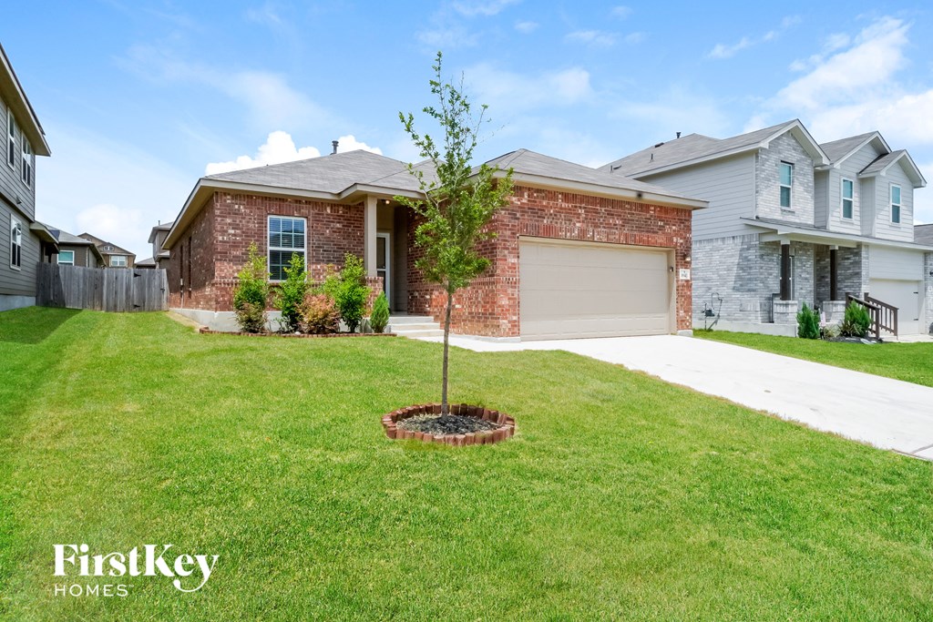 a tree in a yard in front of a house