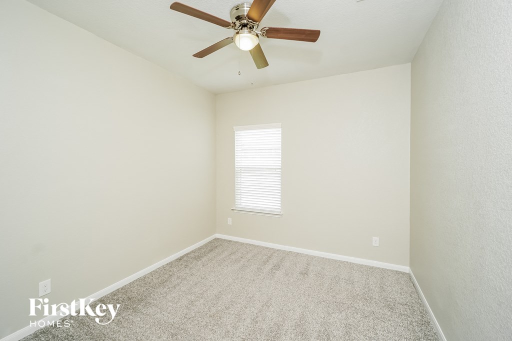 the spacious living room with ceiling fan and carpet