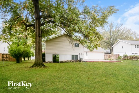 A tree stands in a grassy yard in front of a house.