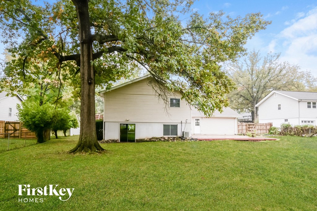 A tree stands in a grassy yard in front of a house.