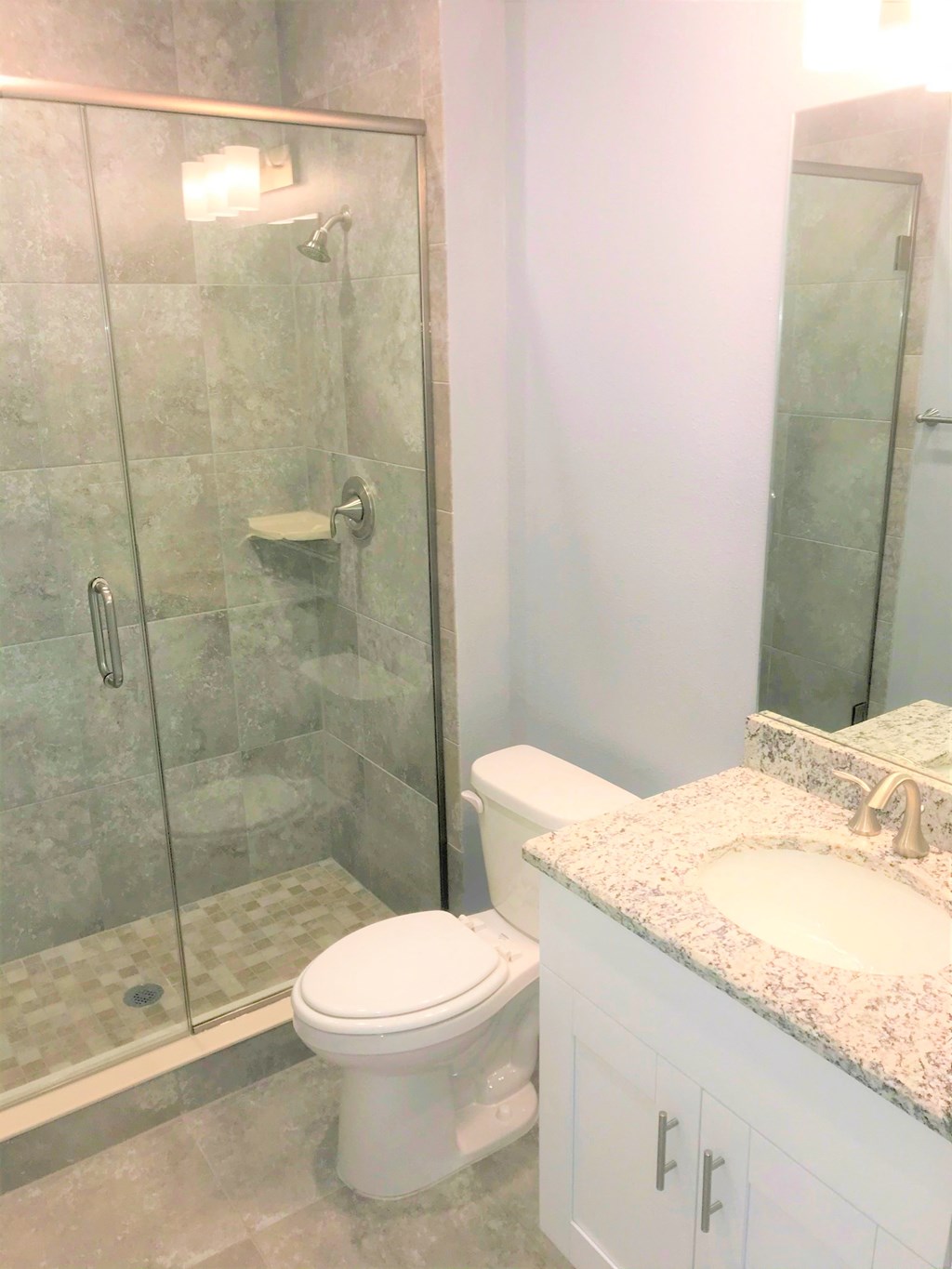 a bathroom with a shower and a toilet and a sink