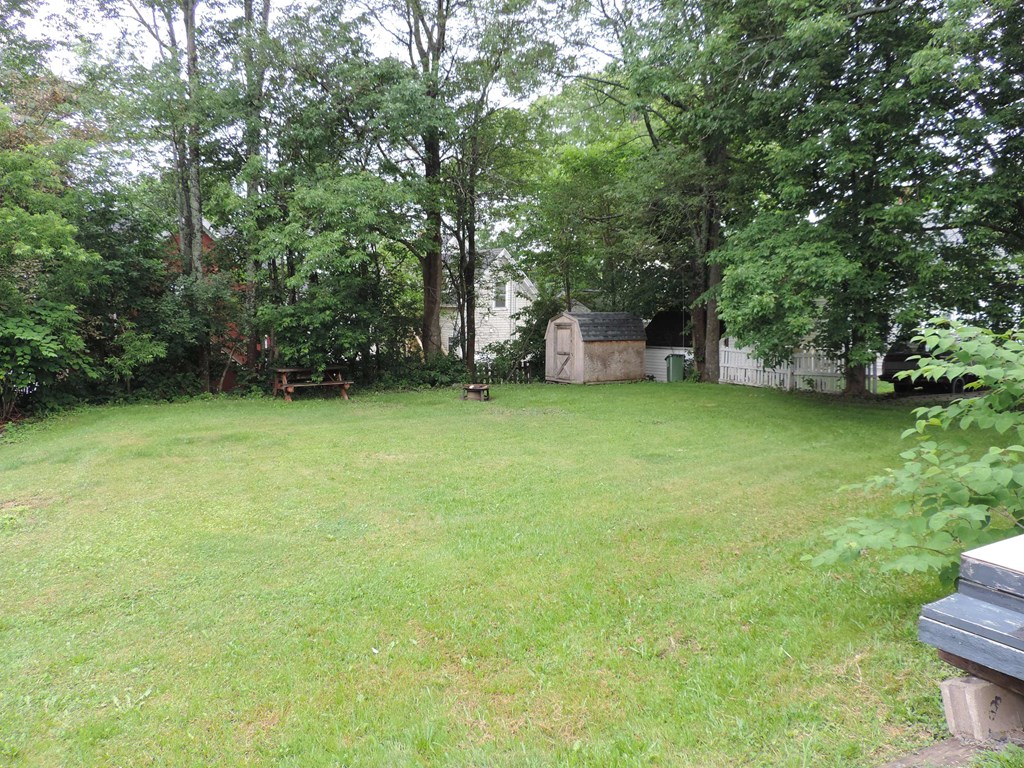 a large yard with trees and a house in the background
