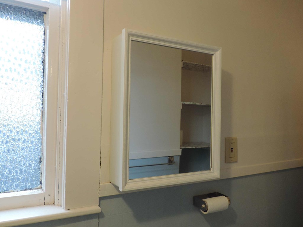 a medicine cabinet in a bathroom with a window and toilet paper