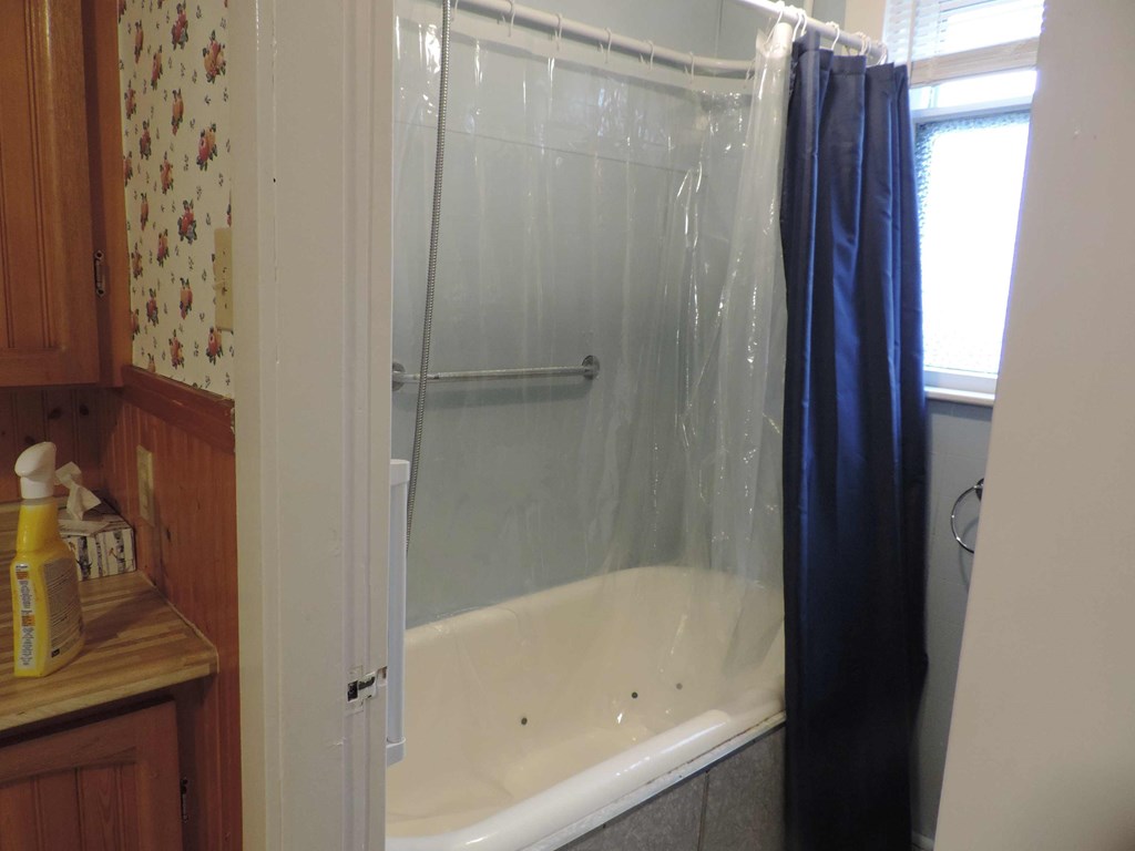 a bathroom with a shower and a tub and a curtain