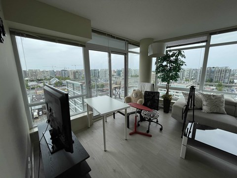 A living room with a television, a sofa, and a table with a plant on it.