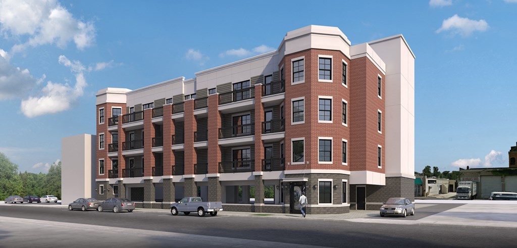 a rendering of a brick and white building on a city street