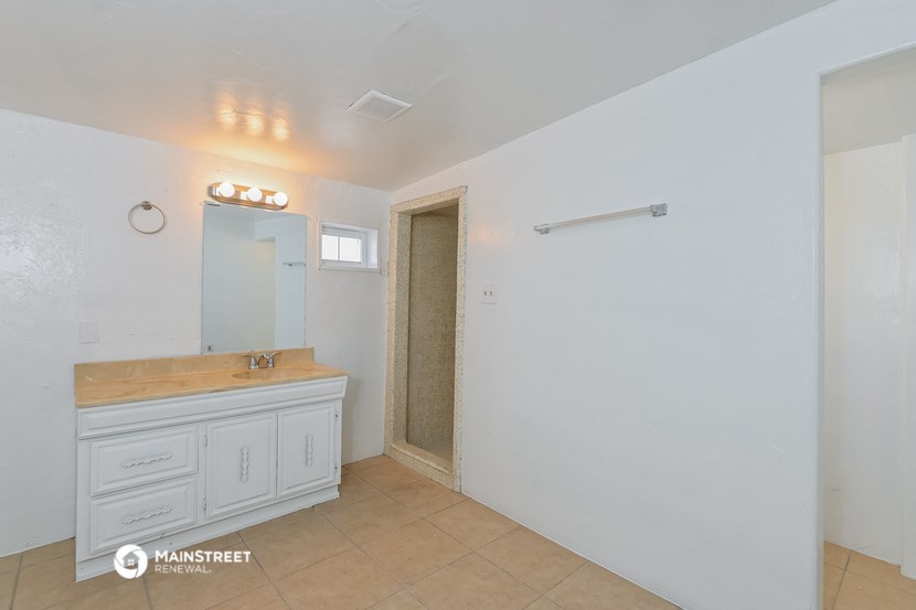 a bathroom with a sink and a mirror and a shower