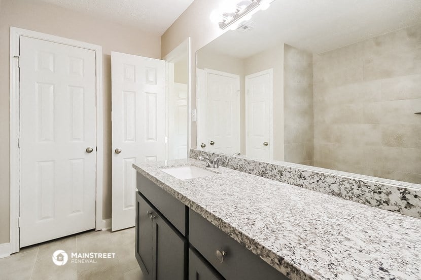 a bathroom with a counter and a sink and a mirror