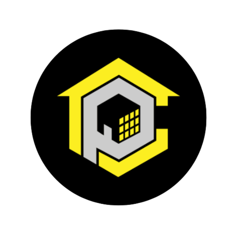 a simple house logo on a black background