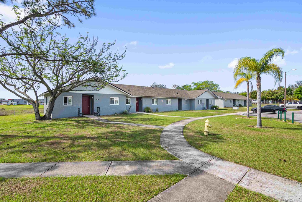 a group of houses in a neighborhood with a sidewalk and trees