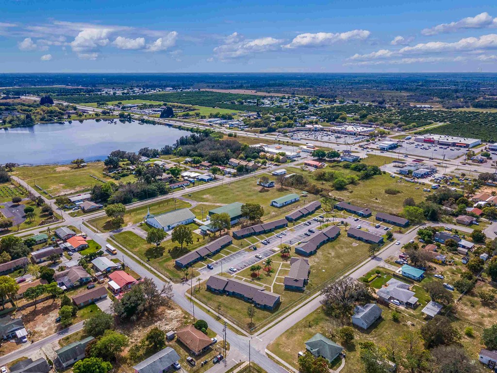 an aerial view of a neighborhood of houses and a body of water