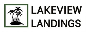 the logo for lakeview landing with a palm tree and a island