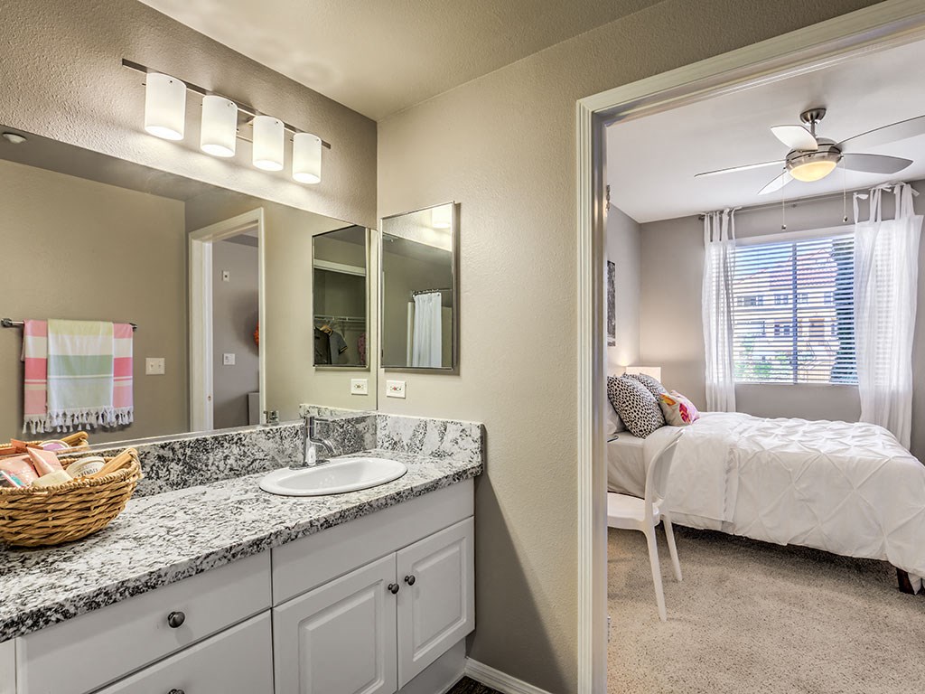 a bathroom with a sink and a mirror and a bedroom